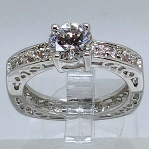 Vintage 1990s Round Cut CZ Solitaire Accent Ring Silver Tone Filigree Size 7